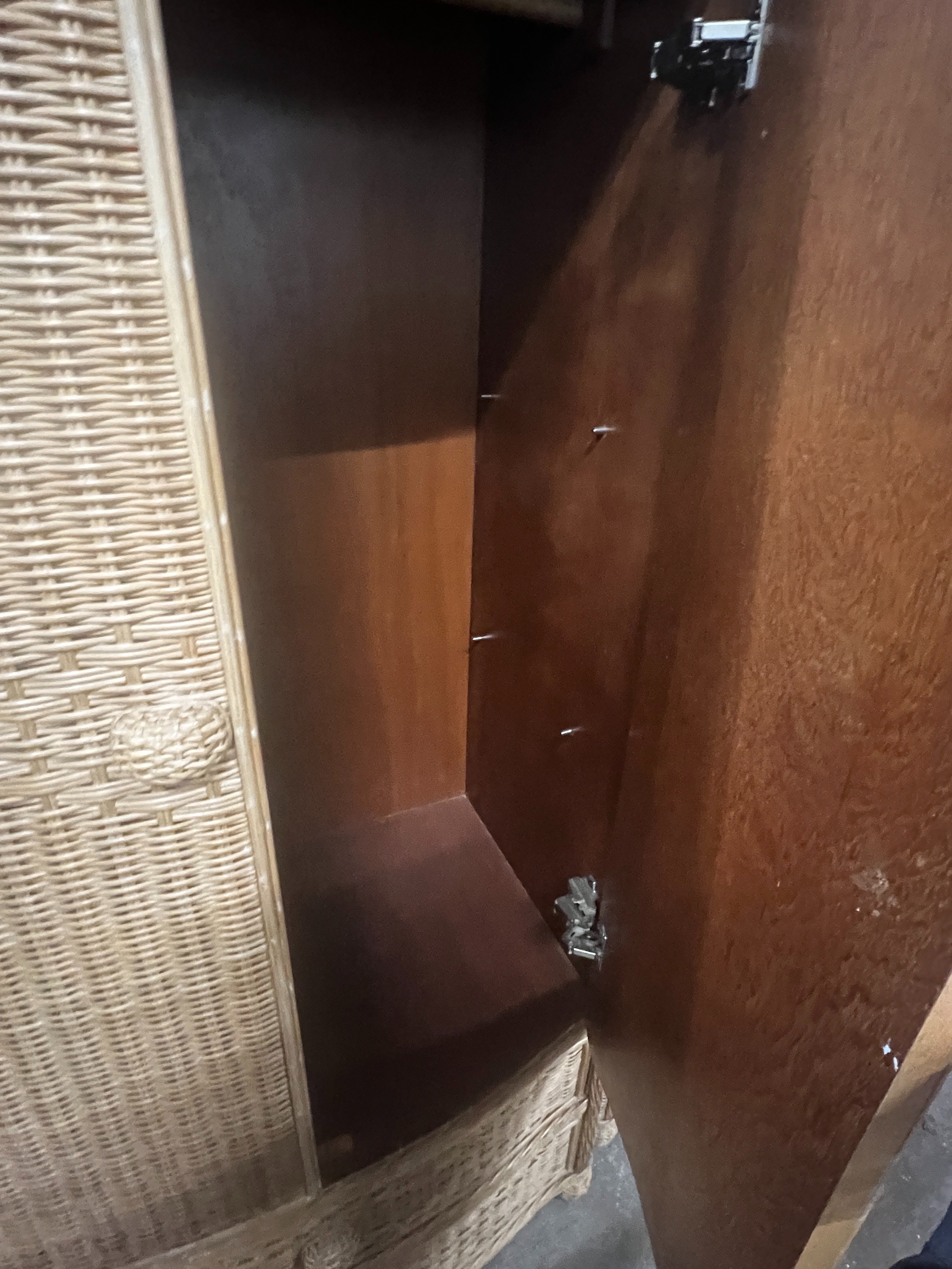 A pair of Pier furniture bowfront rattan wardrobes, width 95cm, depth 58cm, height 184cm together with a matching three drawer chest